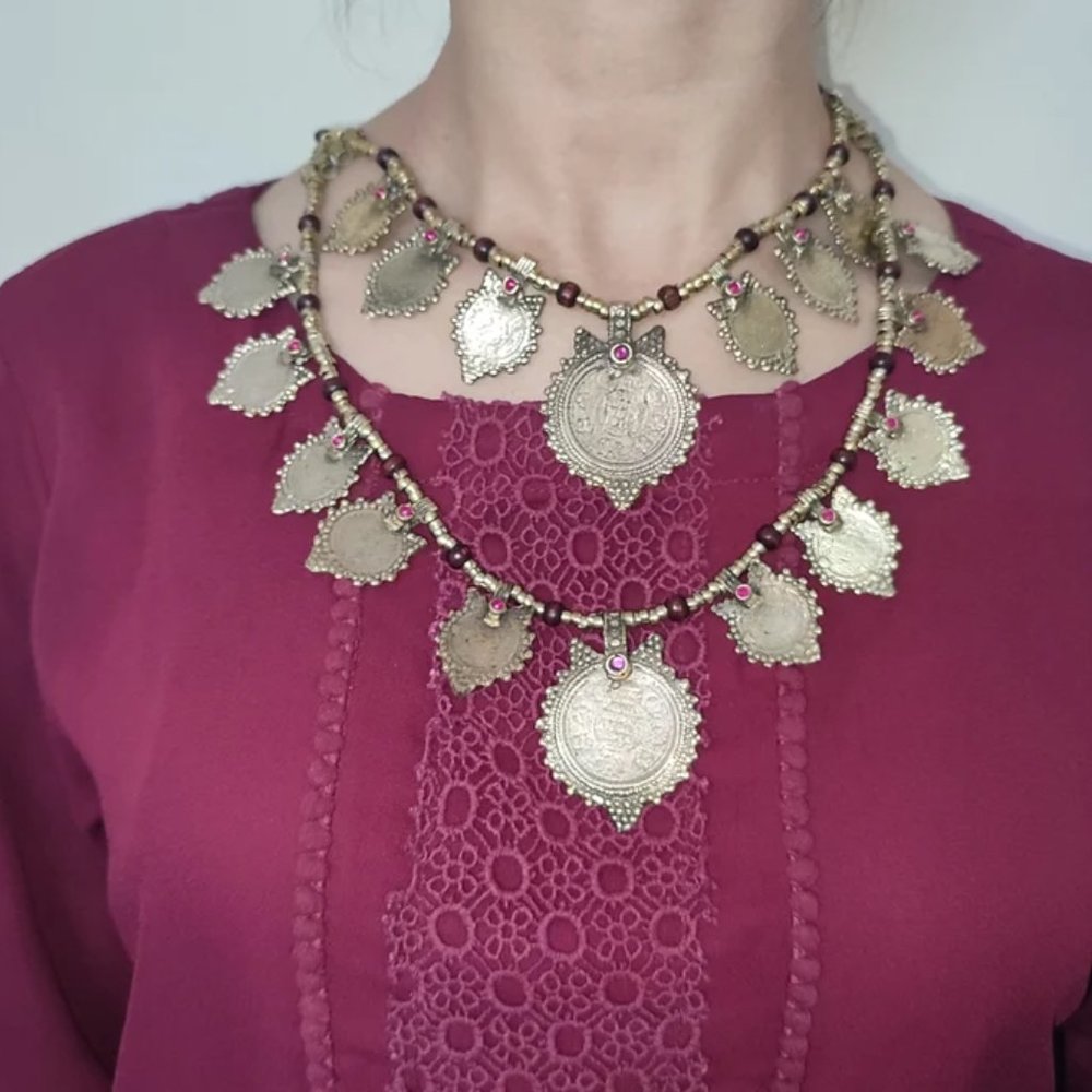 Tribal Vintage Two Layers Coins Necklace,With Red Glass Stones, Vintage Coins